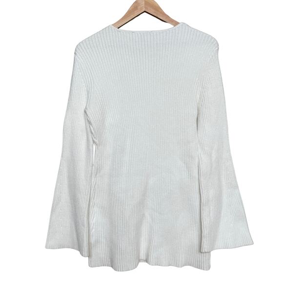 Boston Proper M Side Slit Ruched Sweater | Tunic Flare Sleeves Ribbed, Off-White - Picture 9 of 9
